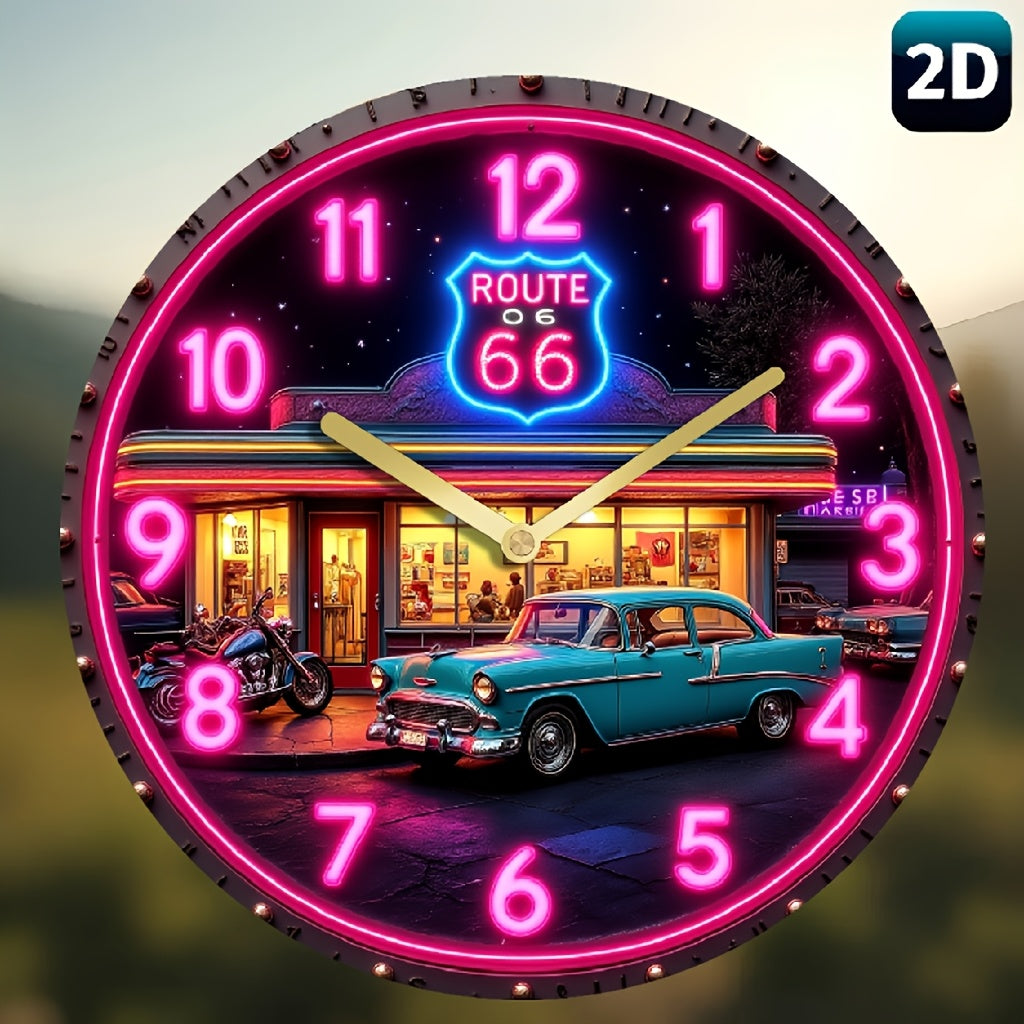 1PC 10/12-inch turquoise car and Route OG logo design wall clock - Round wooden decorative clock, silent non-ticking, powered by AA battery (AA battery not included), perfect for kitchen, living room, cafe and home decoration