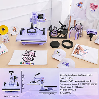 15"x15"/15"x12" - 8in 1/5in 1 Heat Press Combo, Rotatable Design, Multi-Size Transfer Professional Sublimation Kit, Suitable for T-Shirts, Bags, Pillows, Hats, Beanies, Rollers - Three-in-One Automatic Hat Press Only for Hats