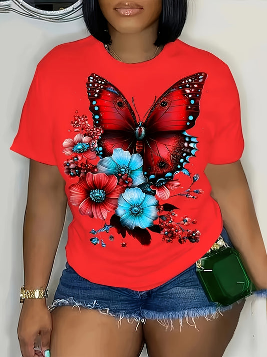 Women'S Plus Size Floral Butterfly Print T-Shirt - Vibrant Red with Colorful Butterflies & Flowers, Short Sleeve Crew Neck Casual Top for Spring & Summer, Lightweight Fabric, Ladies T-Shirts