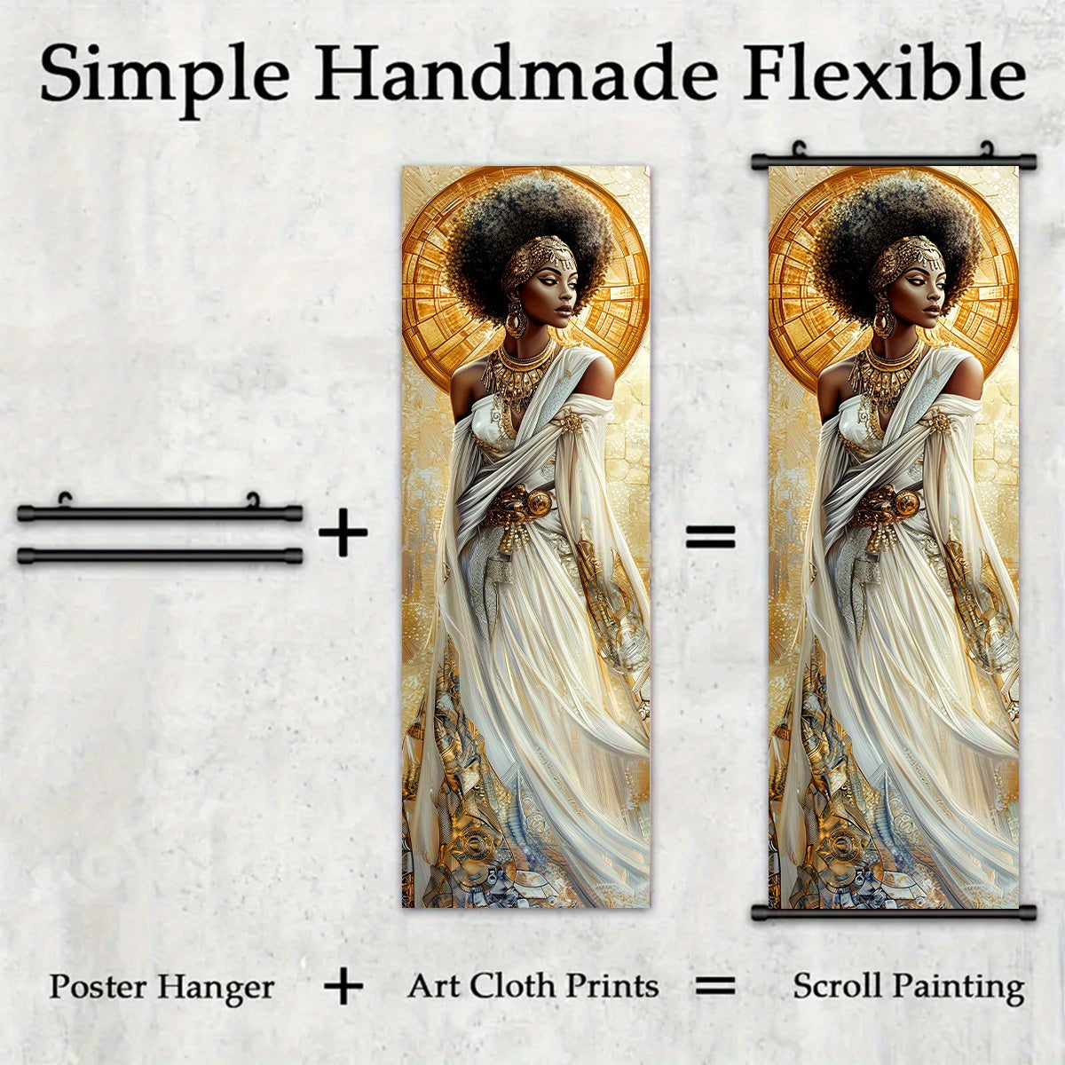 2D Flat, 2D/FLAT-3pcs Egyptian Goddess Plastic Scroll/ Scroll Painting, Sacred and Elegant Style Decorative Painting, White Dress Golden Ornament Halo Wings Element, Geometric Golden Pattern Background, Suitable for Living Ro