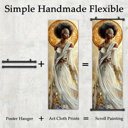 2D Flat, 2D/FLAT-3pcs Egyptian Goddess Plastic Scroll/ Scroll Painting, Sacred and Elegant Style Decorative Painting, White Dress Golden Ornament Halo Wings Element, Geometric Golden Pattern Background, Suitable for Living Ro