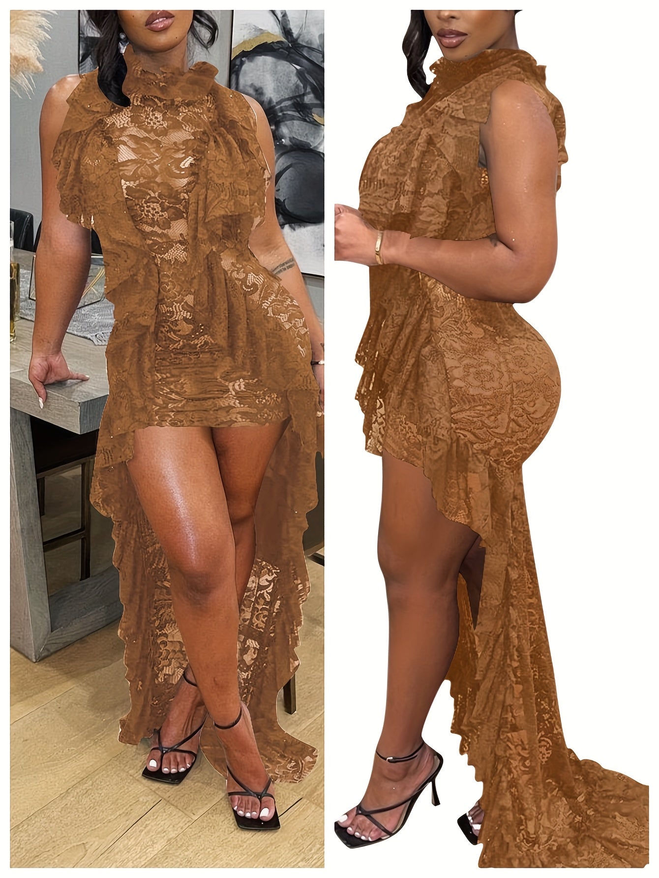 European And American Women's Fashion Sexy Lace Tea Side Dress