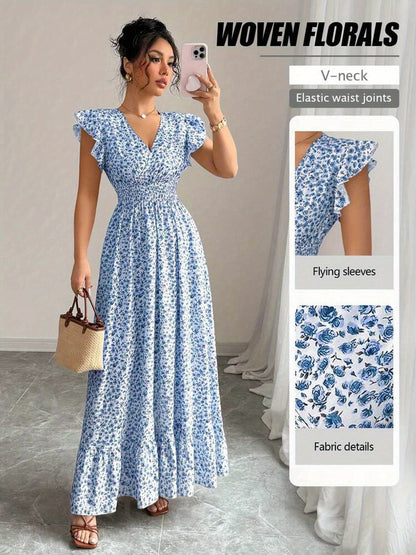 Blue Floral Dress with Digital Printing