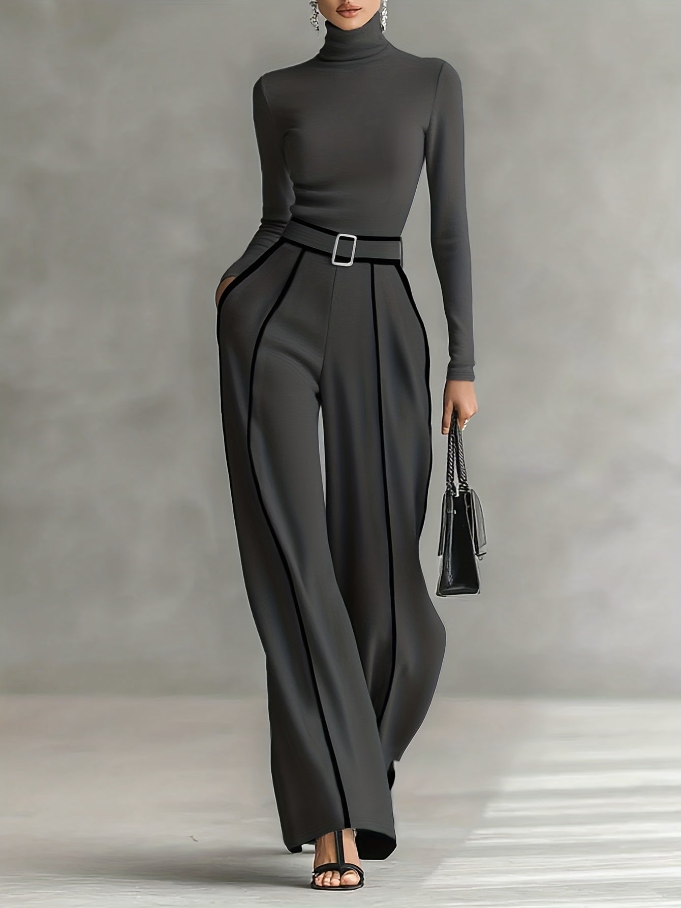 Women's Two-Piece Set: High-Neck Long-Sleeve Top with Contrast Straight-Leg Pants Featuring Pockets and Belt, Elegant and Versatile Design for Autumn/Winter Commuting