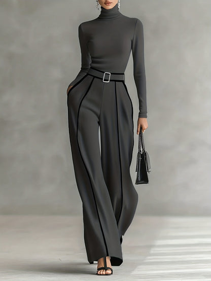 Women's Two-Piece Set: High-Neck Long-Sleeve Top with Contrast Straight-Leg Pants Featuring Pockets and Belt, Elegant and Versatile Design for Autumn/Winter Commuting