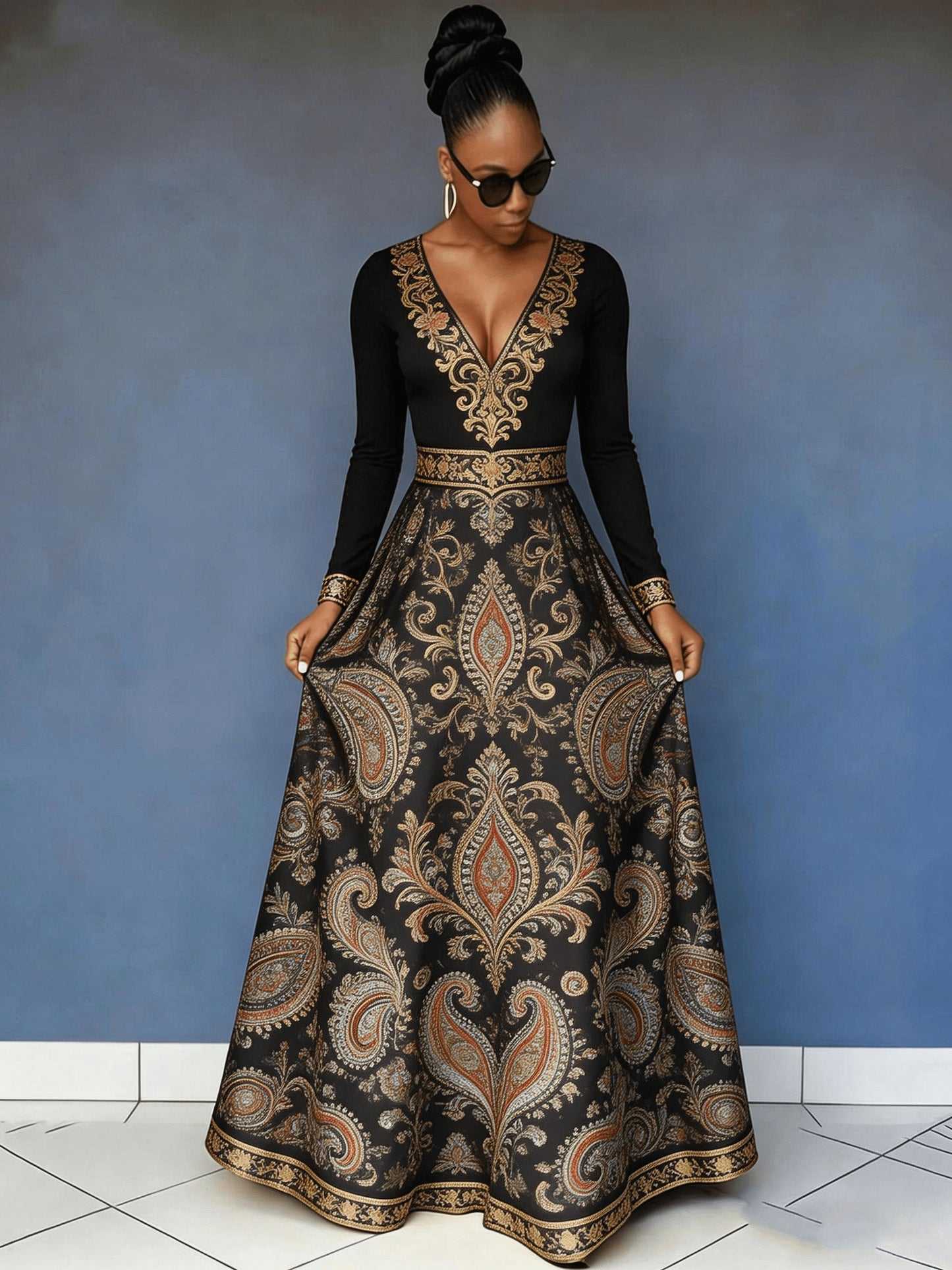 Flower Rich And Luxurious Flower Print Design Women's V-neck Dress with Waist Cinching And Shaping, And Casual Drape, Sexy Charm, Fresh Temperament, Commuting Trend, Elegant Long Skirt, Cocktail Party, High-end Occasion
