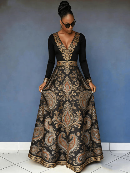 Flower Rich And Luxurious Flower Print Design Women's V-neck Dress with Waist Cinching And Shaping, And Casual Drape, Sexy Charm, Fresh Temperament, Commuting Trend, Elegant Long Skirt, Cocktail Party, High-end Occasion