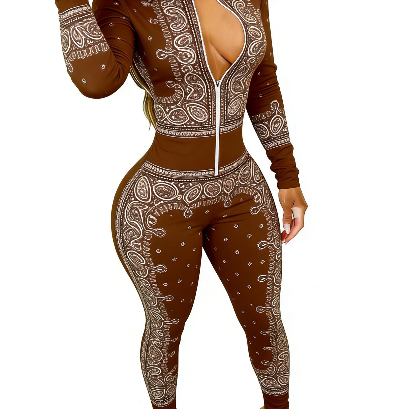 Brown Women's Long Sleeve Jumpsuit with Paisley Print - Slim Fit, Stylish & Sexy for Dates, Parties & Daily Outings, Sizes 2XS-2XL