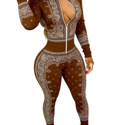 Brown Women's Long Sleeve Jumpsuit with Paisley Print - Slim Fit, Stylish & Sexy for Dates, Parties & Daily Outings, Sizes 2XS-2XL