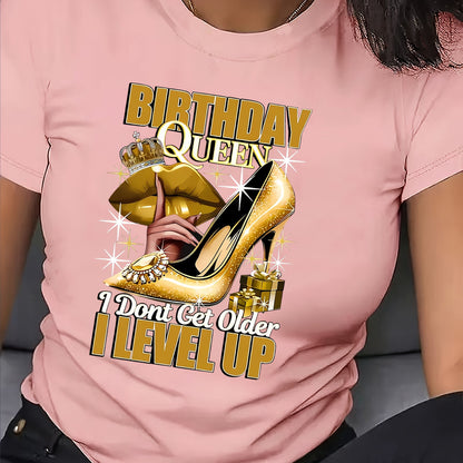 Birthday Queen Printed Women'S T-Shirt - Casual Crew Neck, Short Sleeve Top with High Heels & Crown Design, Perfect for Spring/Summer Celebrations, Birthday Party Apparel | Festive Design | Golden Crown Graphic, Birthday Part