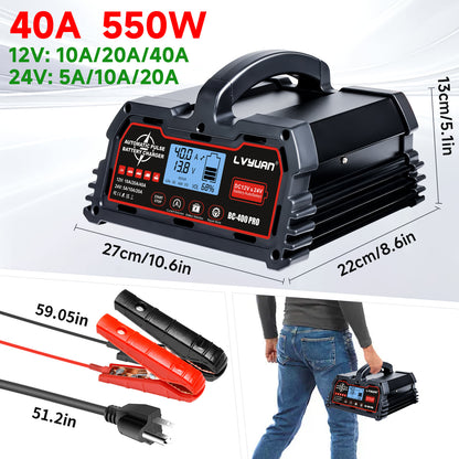 Lifepo4 Battery Charger, 40 Amp Car Battery Charger, Fully Automatic Car Battery Charger for Lead-Acid Batteries (12V/24V) and Lithium Iron Phosphate Batteries (12V), Smart Trickle Charger, AGM Deep Cycle Battery Charger, Sui