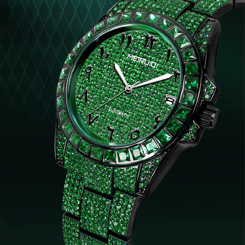 1pc Men's Luxury Green Tourbillon Mechanical Watch with Automatic Movement, 4-Hand Display (Hour/Minute/Second/Chronograph) - -Green Dial, Golden Hands & Black Bezel, Steel Band, Calendar, Mechanical Tourbillon Mechanism, No
