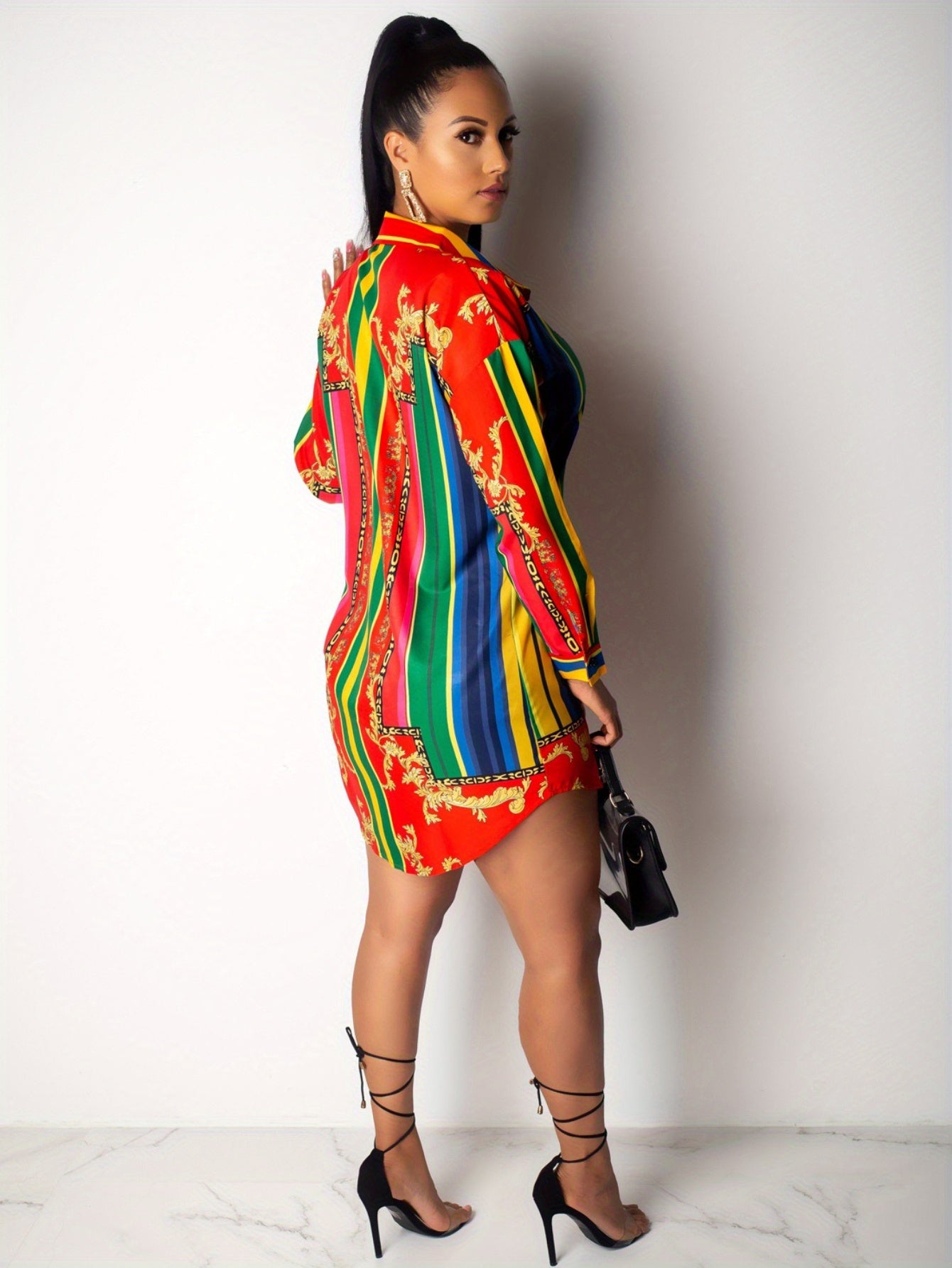 Ladies' Casual Shirt Dress with Colorful Striped Long Sleeved Shirt Dress