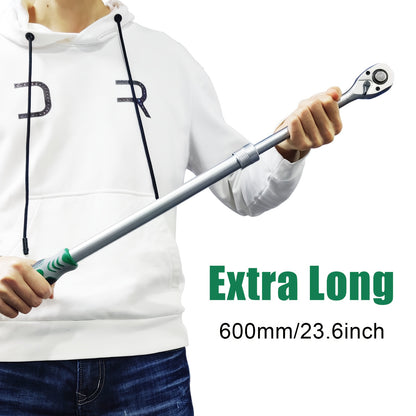 PMMJ Extra Long 1/2-Inch Drive Ratchet Wrench, 600mm/23.6inch, Carbon Steel, Interchangeable 72-Tooth, Reversible, Quick Release, for Auto, Motorcycle, Mechanical Repair Tools