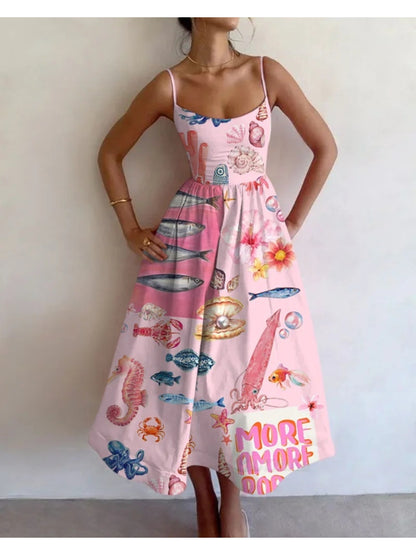 A Vacation Vibe with a Sleeveless Long Dress Featuring a Pink Marine Life Print And a Fitted Waist, Designed to Be Stretchy And Flattering, Suitable for Various Occasions