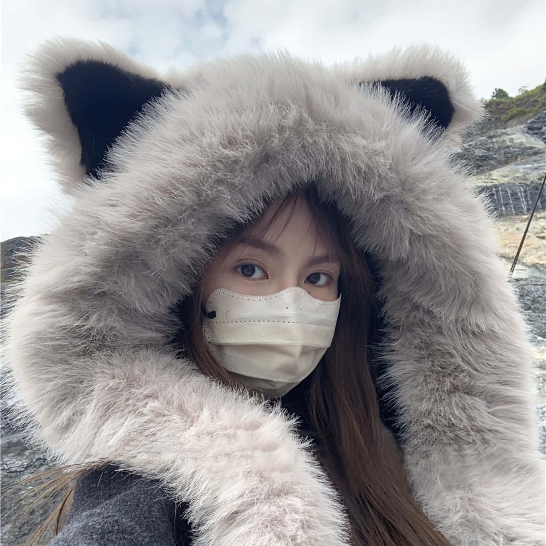 [Cat Ear Hat Scarf] A Soft Polyester Faux Fur Cat Ear Hat with an Integrated Scarf, Suitable for Both Men And Women in Winter, Stylish And Unisex, Lightweight, with a Closure, Perfect for Singles Parties.