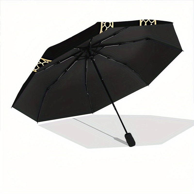 1pc Automatic Open/Close Umbrella with One-Touch Button, Folding Compact Travel Umbrella, Sturdy 8-Rib Canopy, Lightweight Portable Design, Elegant Black & Golden serpent & moon phases pattern - Windproof for Commuting, Forma