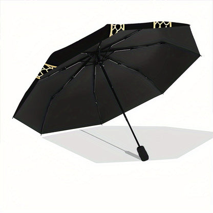 1pc Automatic Open/Close Umbrella with One-Touch Button, Folding Compact Travel Umbrella, Sturdy 8-Rib Canopy, Lightweight Portable Design, Elegant Black & Golden serpent & moon phases pattern - Windproof for Commuting, Forma