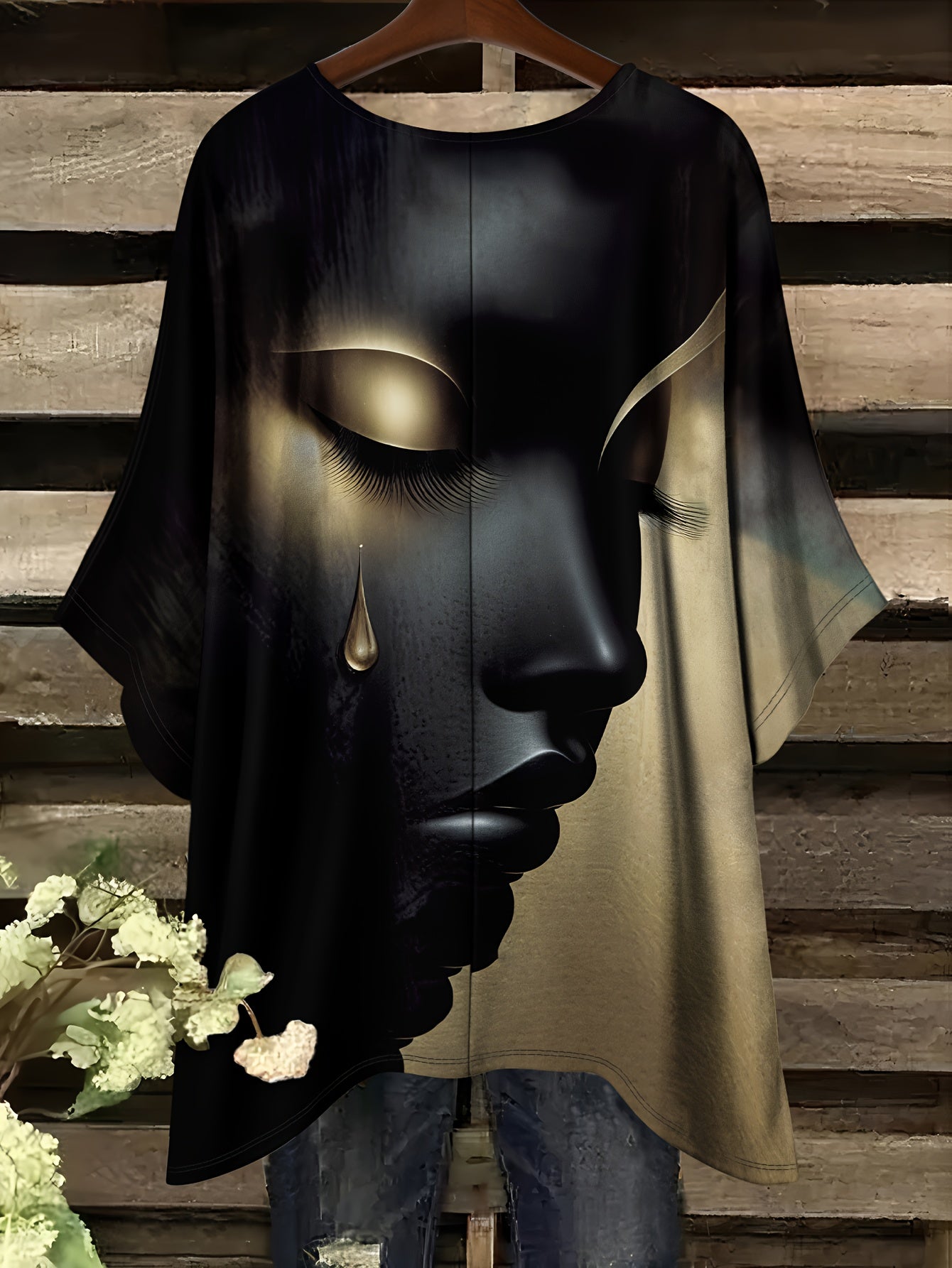 Plus Size - Casual Elegant Comfortable Crew Neck Short Sleeve T-Shirt | Large Size, Tearful Dream Portrait Print, No Accessories