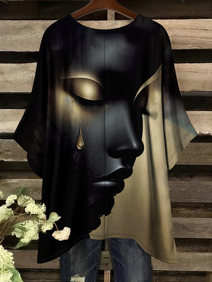 Plus Size - Casual Elegant Comfortable Crew Neck Short Sleeve T-Shirt | Large Size, Tearful Dream Portrait Print, No Accessories