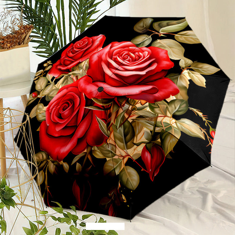 Automatic Open/Close Umbrella with One-Touch Button - Burgundy Rose & Black Automatic Folding/Unfolding Umbrella for Men & Women, 8-Rib Windproof Compact Travel Umbrella with Red/Golden/Green Floral Design, Portable for Commu