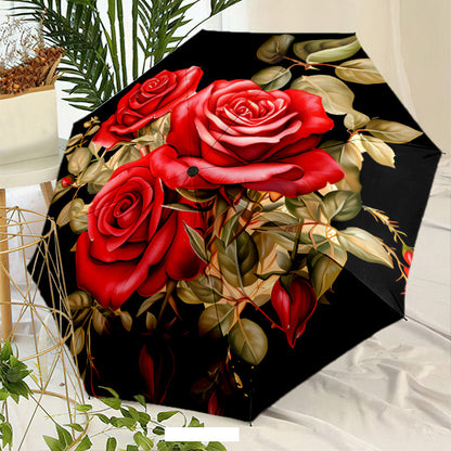 Automatic Open/Close Umbrella with One-Touch Button - Burgundy Rose & Black Automatic Folding/Unfolding Umbrella for Men & Women, 8-Rib Windproof Compact Travel Umbrella with Red/Golden/Green Floral Design, Portable for Commu