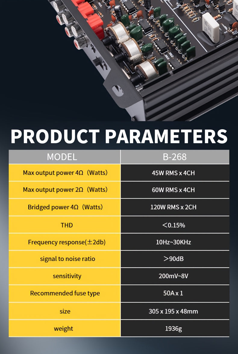 Bermans 7800W Max Power 4-Channel Class AB Car Amplifier - 12V High-Power Stereo Amplifier with MP3 Cable Compatible RCA Inputs, Compact Auto Sound System for Subwoofer & Speaker, Car Audio Upgrade (Compatible with Smartphone