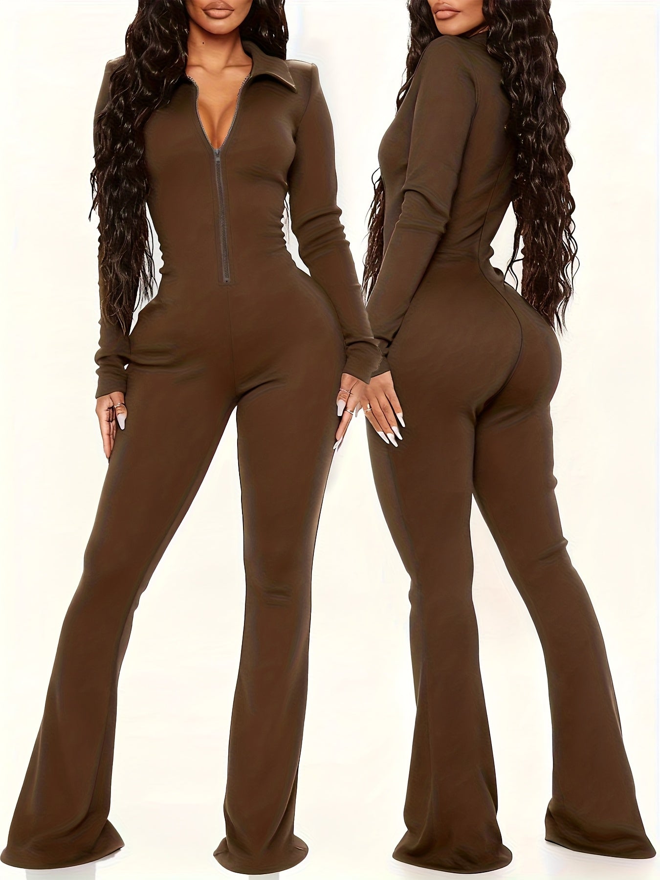 Slim-fit Flared Pants Long Sleeve Half Zipper Collar Onesie | Women'S Autumn and Winter Commuter Fashion Wear, Elegant Solid Color Style