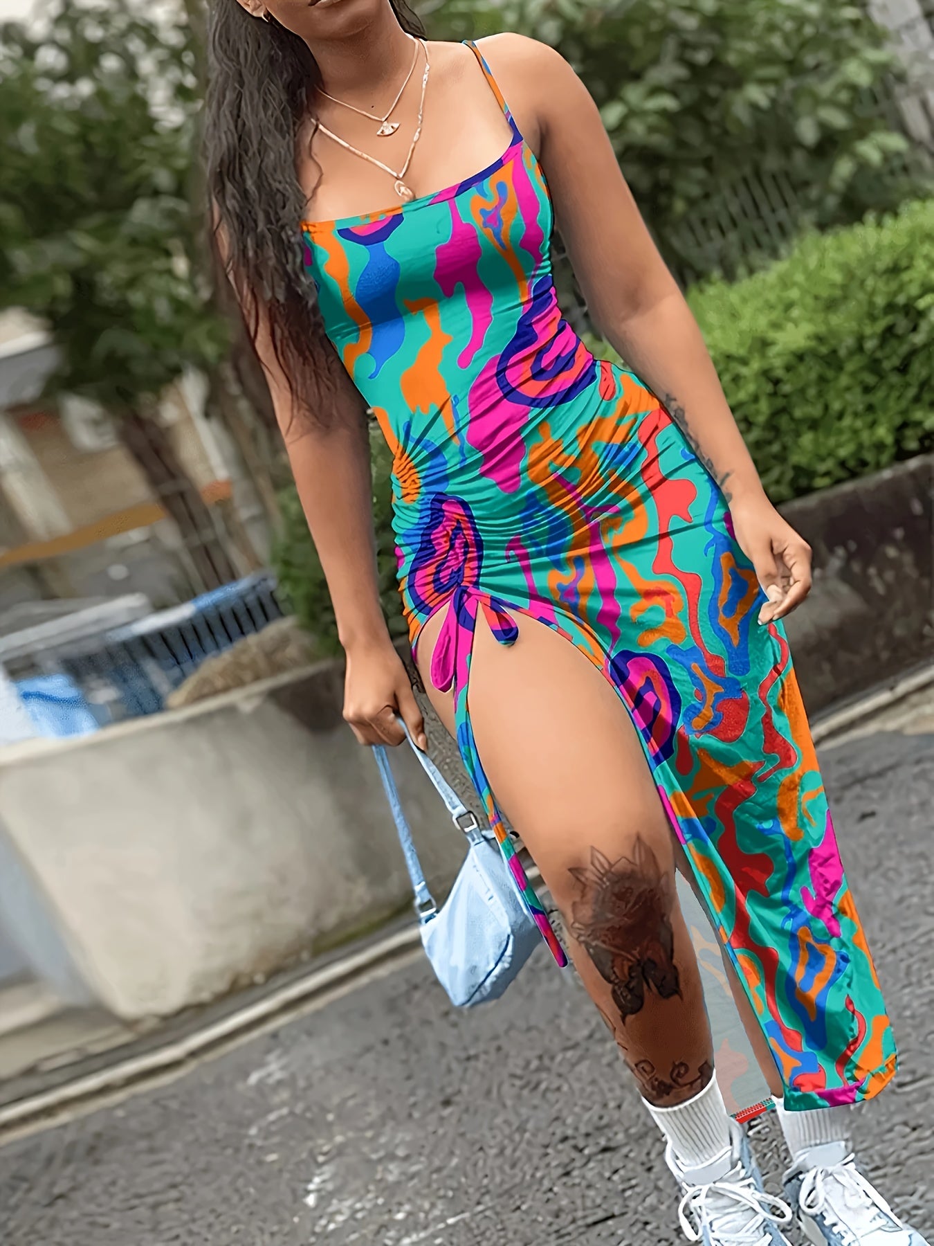 Women's Sexy Geometric Print Open Back Split Hem Dress - Stretchy Spaghetti Strap High Elasticity Machine Washable All-Season Casual to Evening Wear, Street Style Attire | Casual Chic Wear | Accessory Coordination