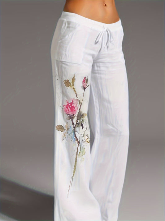 Women's Clothing - Floral Print Wide Leg Pants - Casual Loose Pants For Spring & Fall