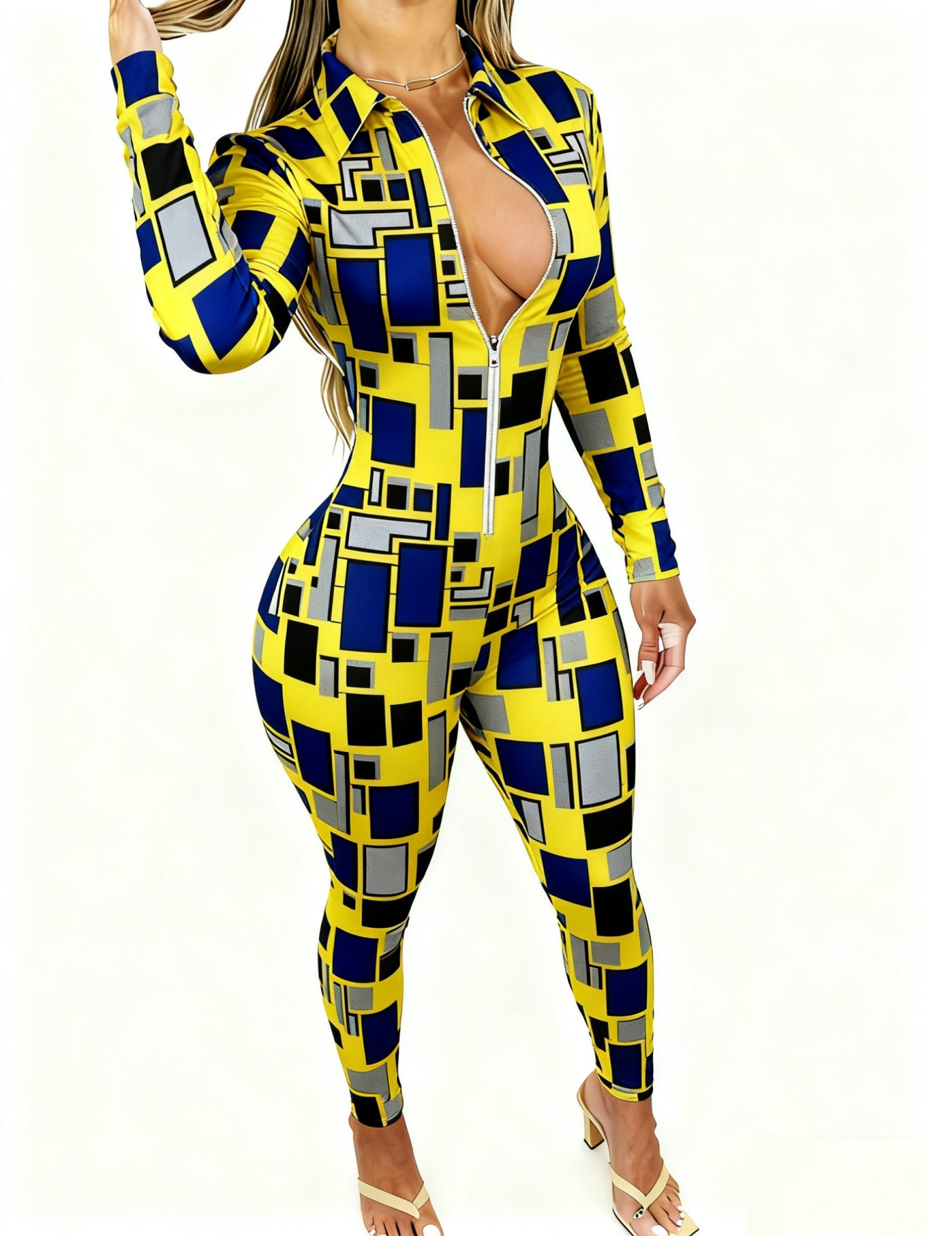 Women'S Allover Printed Jumpsuit | Long Sleeve with Zipper, Elegant Sexy, 4-Season Party & Special Occasion Outfit