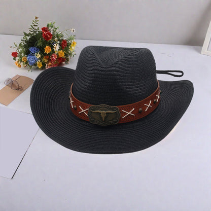 Men Women Straw Cowgirl Hat Wide Brim Stylish Bull Head Leather Belt Design Western Cap for Beach Daily Life Party