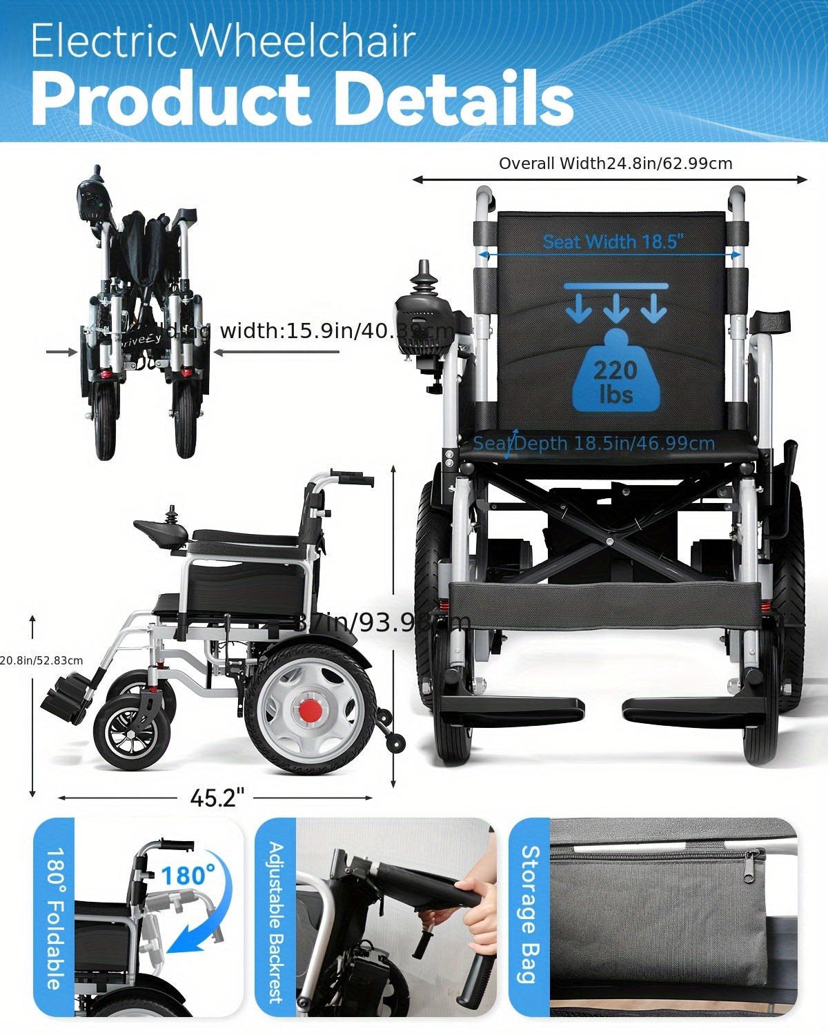 HOMYKING Ultra-Lightweight Electric Wheelchair, 360° Flexible Joystick Control, One-Second Foldable Design, 17-Mile Range, 3.5 MPH Max Speed - Perfect For Adults & Seniors - Ideal For Travel & Home Use