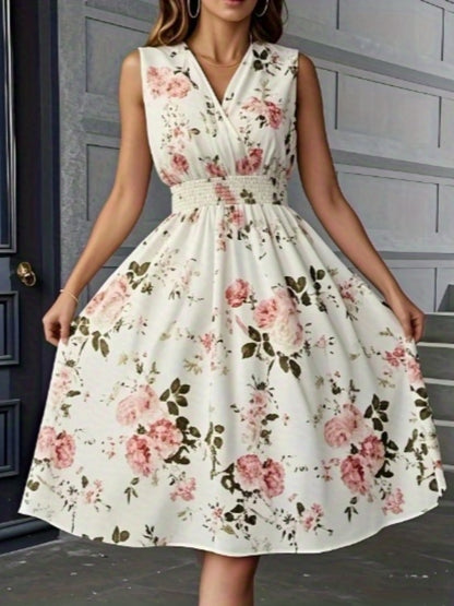 Women's Elegant Floral Print Sleeveless A-Line Sling Dress with Puff Sleeve Accent - Floor-Length or Above-Knee Length Long Skirt, Round Neck Fitted Top & A-Line Silhouette, Machine Washable All-Season Formal & Semi-Formal Ou