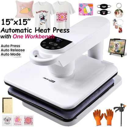 15x15 Inch Swivel Auto Heat Press Machine, 360° Swing Away Smart T-Shirt Printing W/Auto Press & Auto Release & Auto-Off, 7 Adjustable Pressures & 1.85" Higher Heating Height for HTV, Dual-tube Heatinbg, Sublimation, Heat Tr
