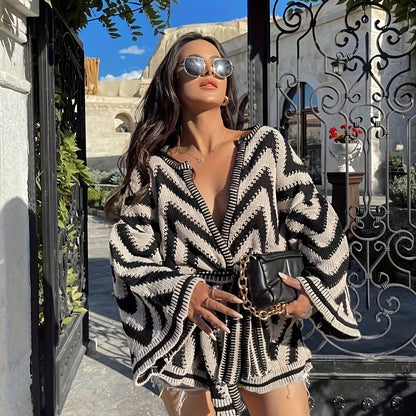 Women'S Chic Black & White Striped Belted Cardigan - Long Sleeve Open Front Sweater with Adjustable Waist Tie, Loose Fit Winter Coat for Everyday & Formal Outfits - Elegant Layering Piece for Fall/Winter Seasons, Cardigan Swe