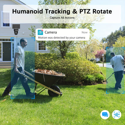 Solar-Powered PTZ Security Camera with 8x Zoom Dual Lens, 360° Auto Tracking, Human Detection, Two-Way Talk, Wireless WiFi, PoE Camera, Solar Panel, Outdoor Surveillance System for Home/Office/Business - Continuous Recording