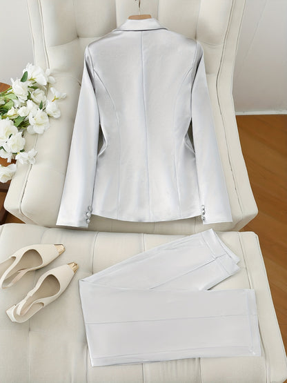 [Silvery Suit Set] Fortune-Attracting Fashionable and Elegant Silvery Double-Breasted Suit Jacket and Silvery Cool Trousers Set