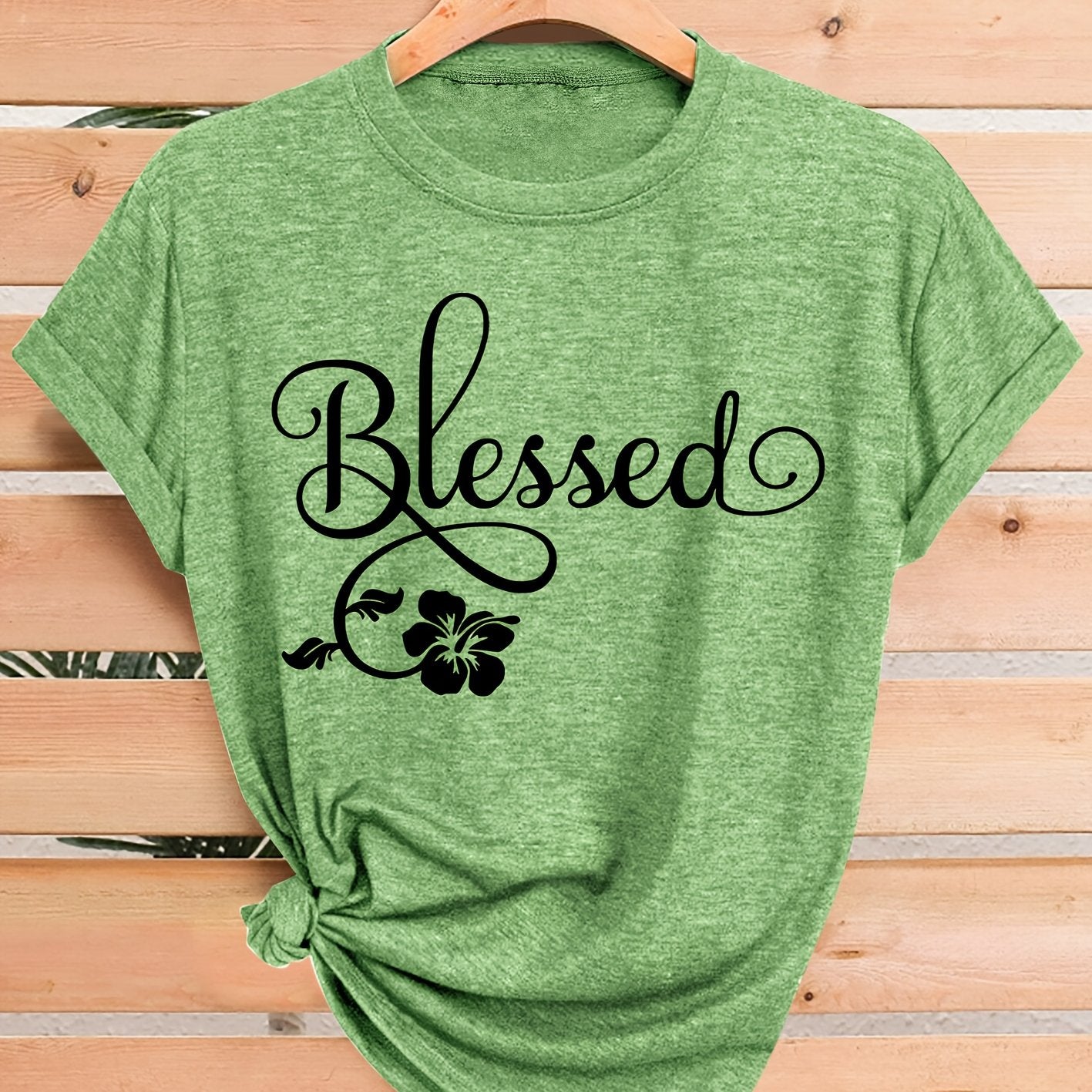 Women's Casual Short Sleeve T-Shirt - Blessed Floral Print Retro Style, Soft Stretch Round Neck Top, Machine Washable All-Season Comfort, Multi-Color Options S-XXL, Ladies T Shirts