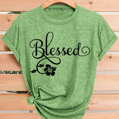 Women's Casual Short Sleeve T-Shirt - Blessed Floral Print Retro Style, Soft Stretch Round Neck Top, Machine Washable All-Season Comfort, Multi-Color Options S-XXL, Ladies T Shirts