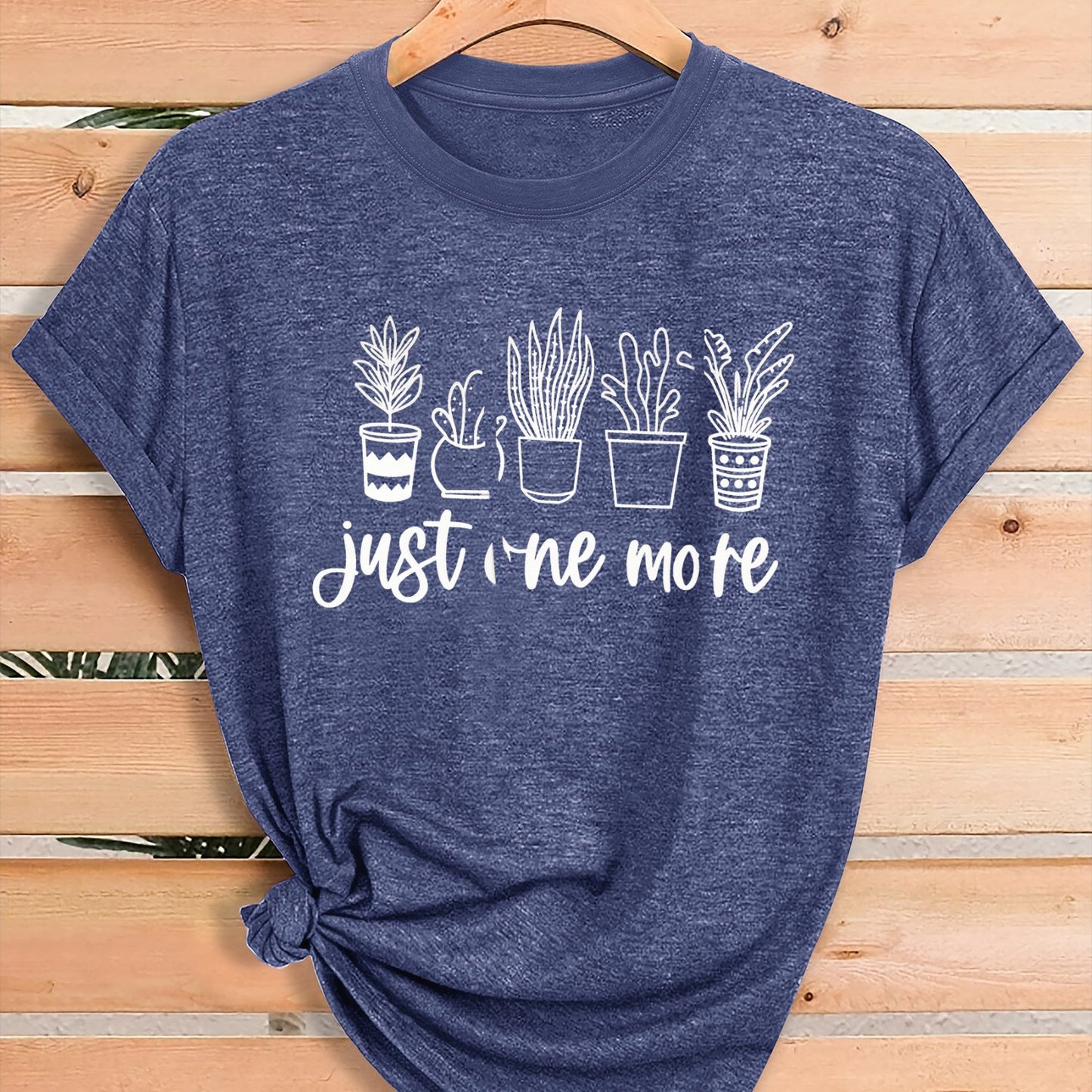 Women'S Green Plant Print T-Shirt with "Just One More" Slogan & Cactus/Succulent Design - Breathable Round Neck Casual Streetwear Top for Gym, Casual Attire, All-Season Comfort - Funny Botanical Graphic Tee for Plant Lovers,