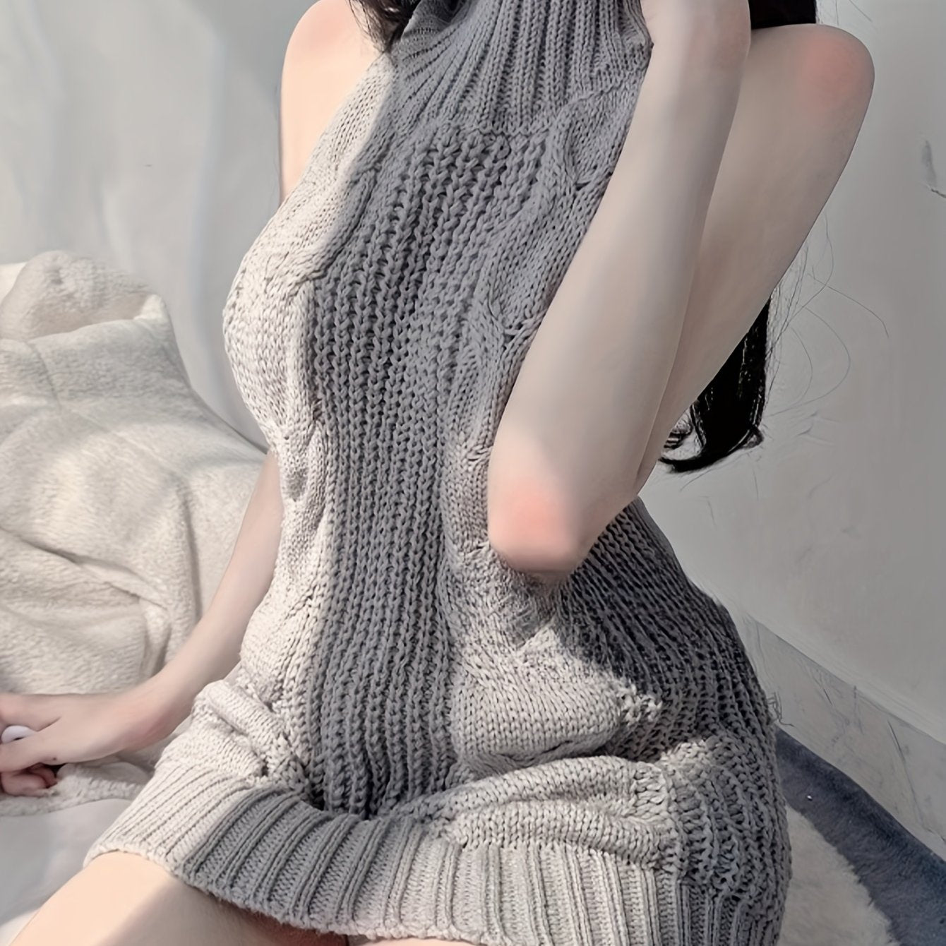 Women's Sexy Open Back One-Piece Sweater - Chic Backpack Jumpsuit, Soft Lounge & Formal Outfit, Hand Wash Only - for Date Nights, Casual Attire - Adult Women's Intimate Clothing, Romantic Attire, Backless Design, Textured Kni