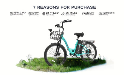 350-500w Powerful Motor, 20-26MPH Commut Erelectric Bike, LCD Display, 7 Speed Shift Adult Electric Bicycle, 36V 10.4A Lithium Battery, 24-inch Wheels, Aluminum Alloy Body, Front Fork Shock Absorber, Headlights, Night Driving