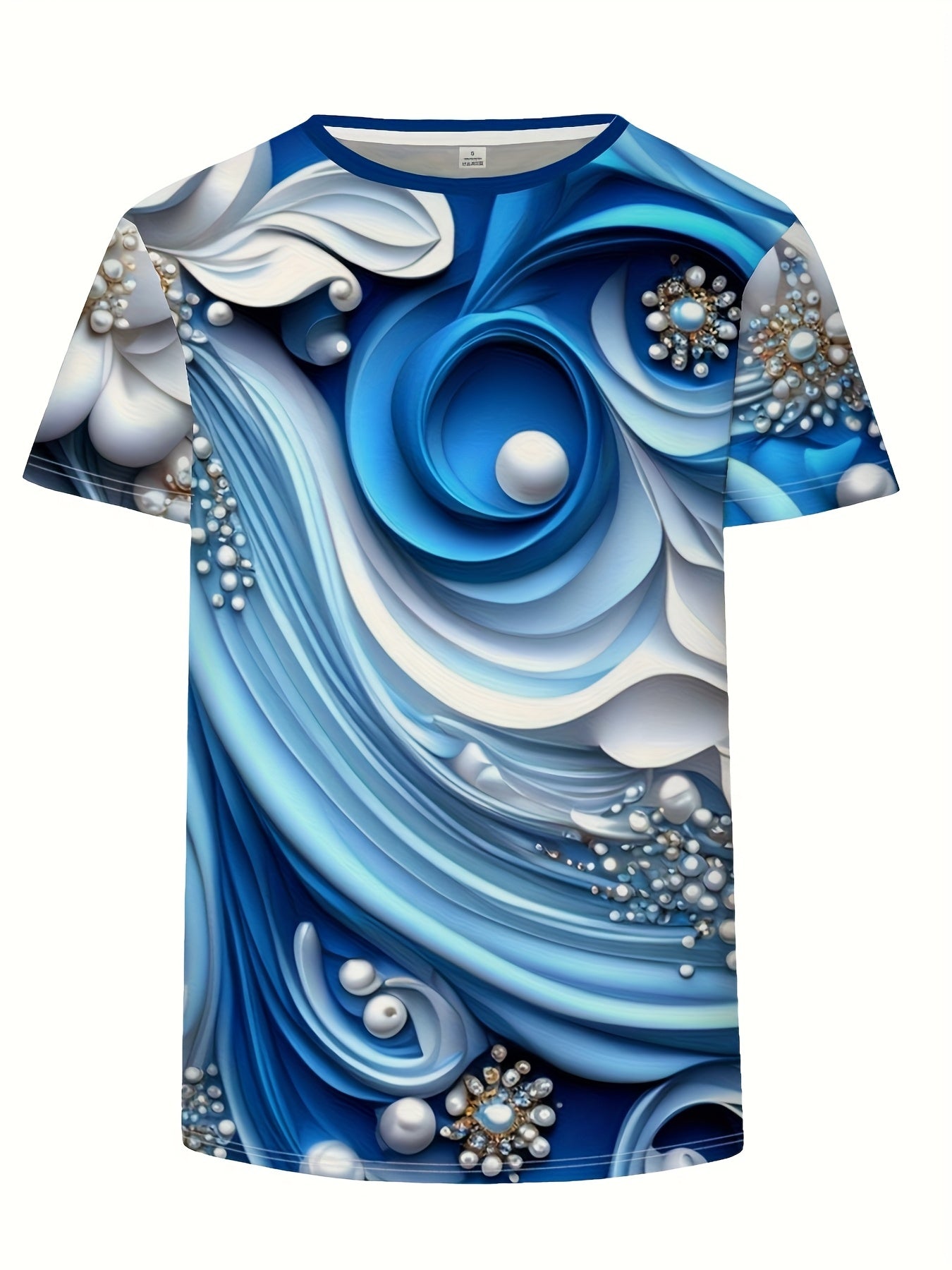 Women'S Plus Size Casual Crew Neck Short Sleeve Floral Top - Blue & White Swirl Print, Lightweight Summer Pullover with Pearl Embellishments, Regular Fit, Summer Top|Floral Print Top| Construction, Ladies T Shirts