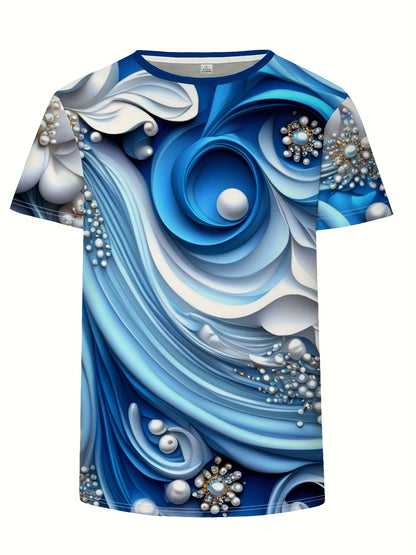 Women'S Plus Size Casual Crew Neck Short Sleeve Floral Top - Blue & White Swirl Print, Lightweight Summer Pullover with Pearl Embellishments, Regular Fit, Summer Top|Floral Print Top| Construction, Ladies T Shirts