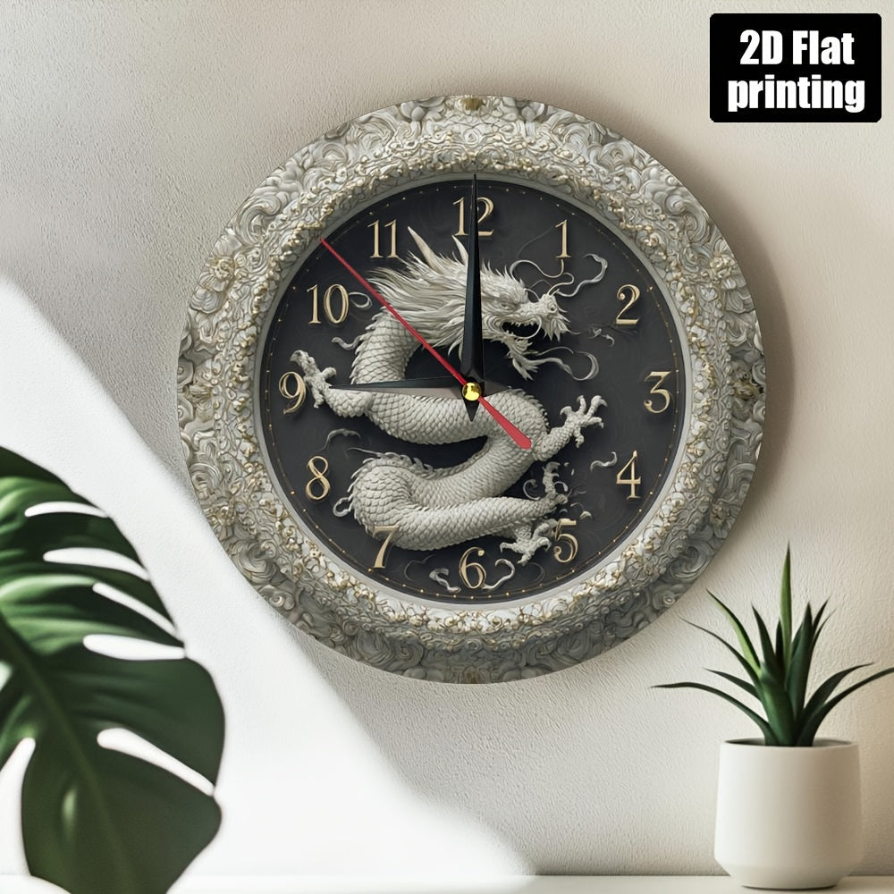 1pc Asian Dragon Wall Clock - Large Face with Black Hands & Golden Hands, Beige/White/Gray/Black Wood Frame - Non-Ticking Silent Sweep Movement - Easy-to-Read Analog Clock for Living Room, Kitchen, Office, Birthday/Holiday Gi