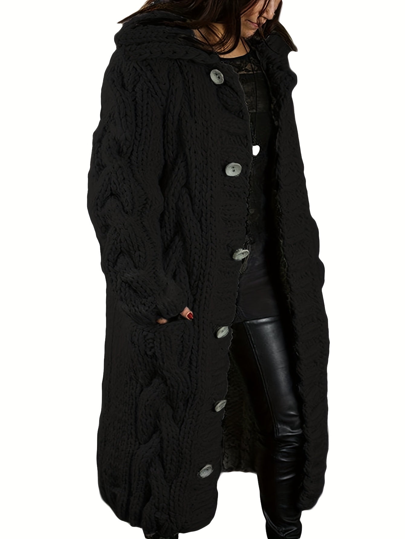 Plus Size - Cardigan for Women in Fall And Winter - Casual Plus Size, Oversized Design with Long Sleeves Featuring a Cable Pattern, Single Row of Buttons, Pockets, And a Long Length. Made from Soft Fabric, It Can Be Hand Wash