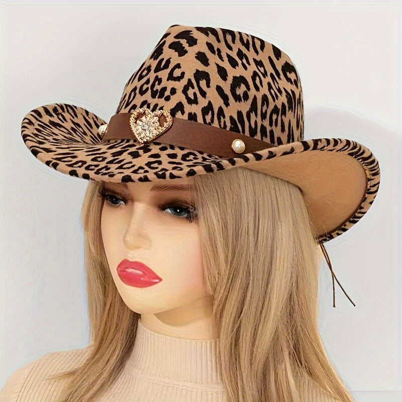 2pcs Leopard Print Western Cowboy Hats with Detachable Heart-Shaped Decorative Bands, Felt Material, Animal Print Design, Lightweight & Durable for Outdoor Use, Cowboy Accessories