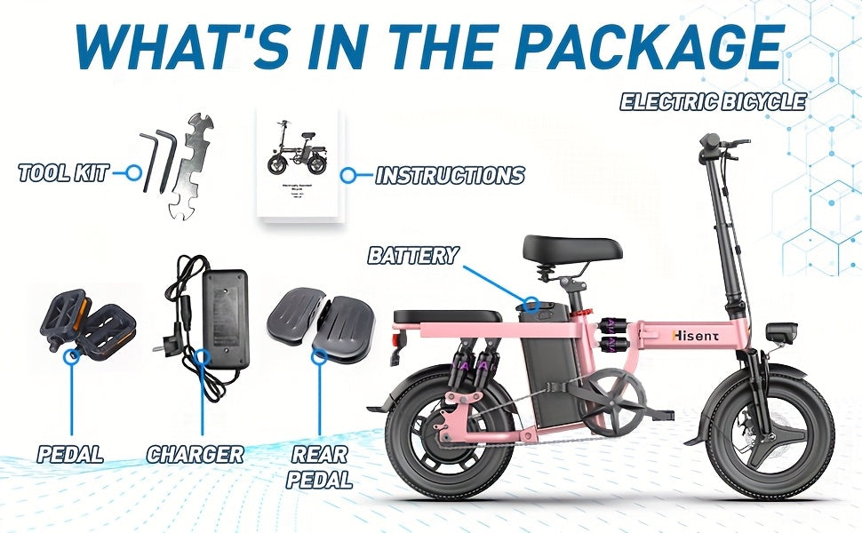 Hisent 740W Folding Electric Bike Is Suitable for Both Adults And Teenagers.14" Tires, 740W Brushless Motor, 48V 6A/10A/15A/17.5A Lithium Battery, Range Of 8-35 Miles, Multiple Shock Absorbers, Alloy Steel Frame, LCD Display