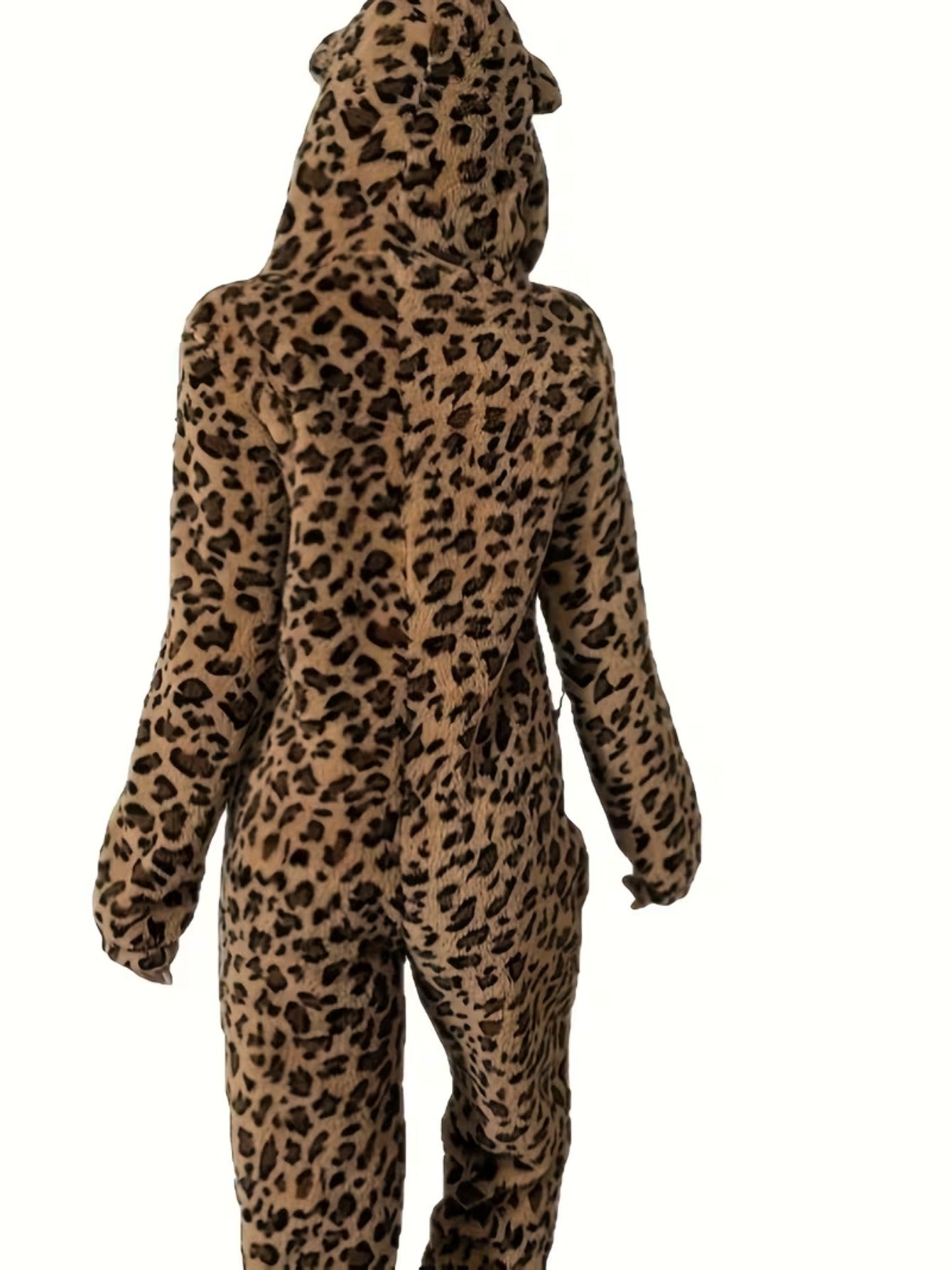 Thickened And Fleece-Lined Onesie for Autumn And Winter, Featuring a Cute Leopard Print with a Hood And Ears, Perfect for Cozy Home Wear